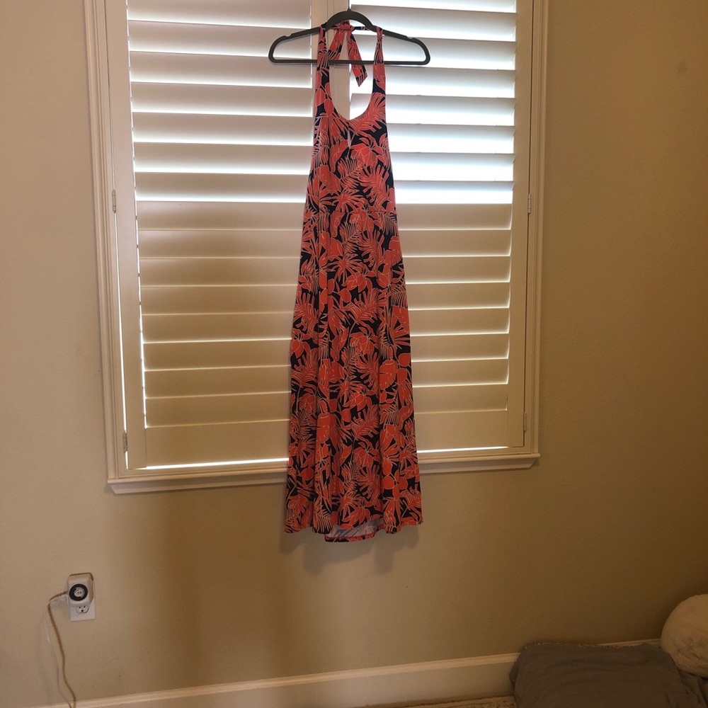 Lands' End Coral and Black Tropical Halter Maxi
